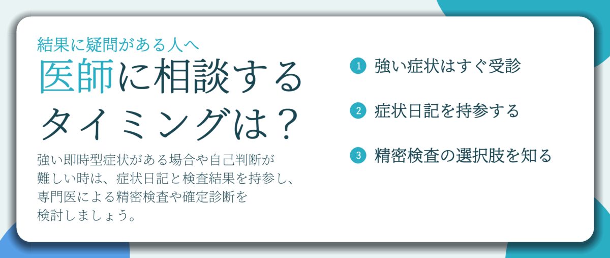 医師に相談する タイミングは？。強い症状はすぐ受診、症状日記を持参する、精密検査の選択肢を知る