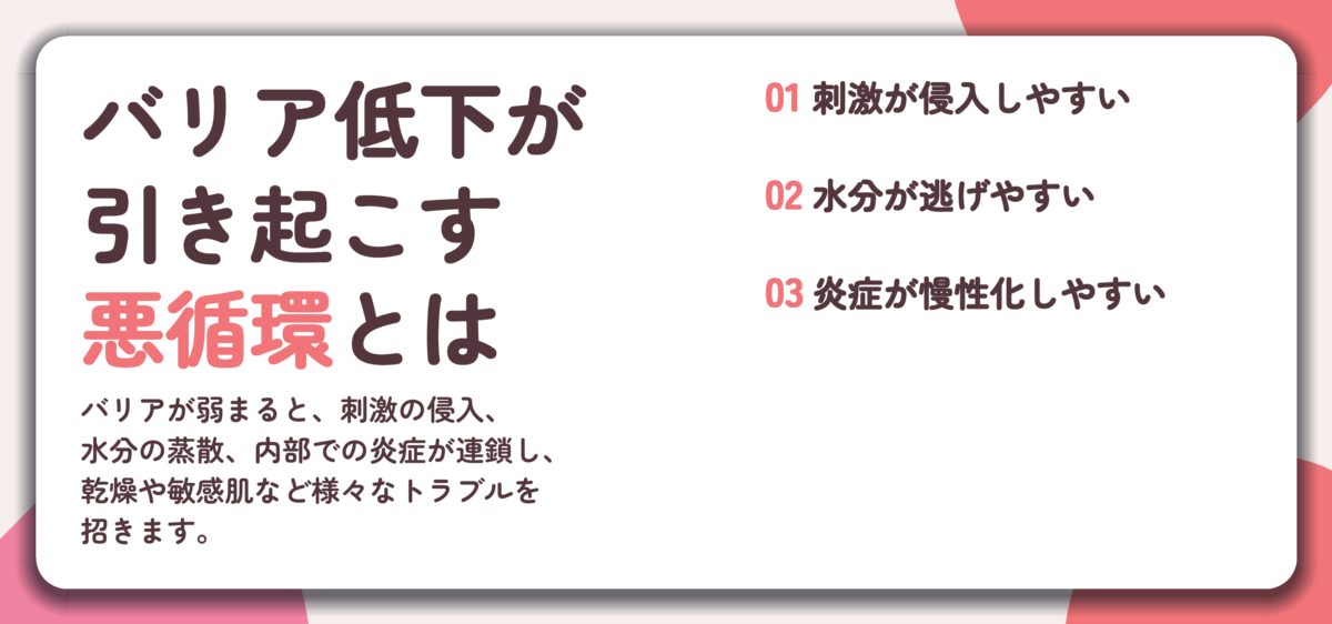 バリア低下が 引き起こす 悪循環とは。刺激が侵入しやすい、水分が逃げやすい、炎症が慢性化しやすい