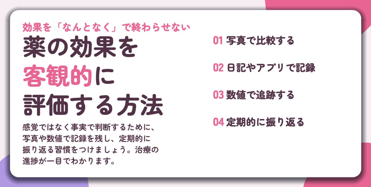 薬の効果を 客観的に 評価する方法。写真で比較する、日記やアプリで記録、数値で追跡する、定期的に振り返る
