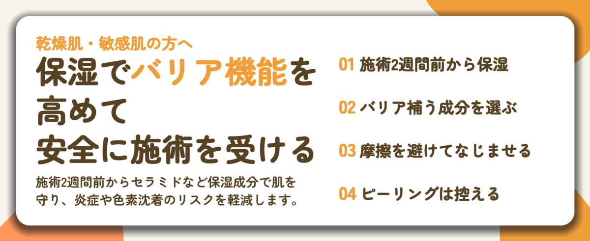 保湿でバリア機能を 高めて 安全に施術を受ける。施術2週間前から保湿、バリア補う成分を選ぶ、摩擦を避けてなじませる、ピーリングは控える
