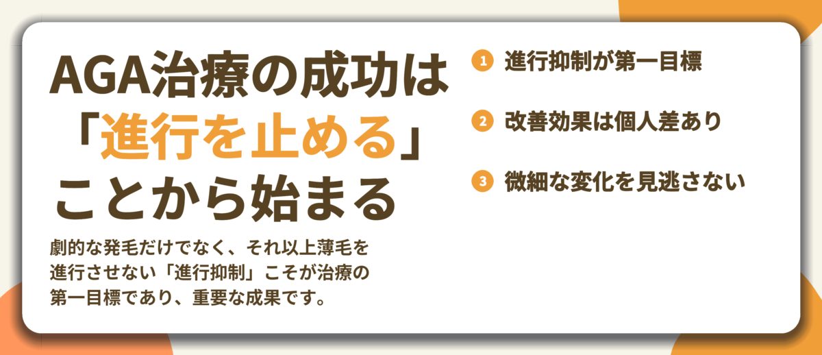 AGA治療の成功は 「進行を止める」 ことから始まる。進行抑制が第一目標、改善効果は個人差あり、微細な変化を見逃さない