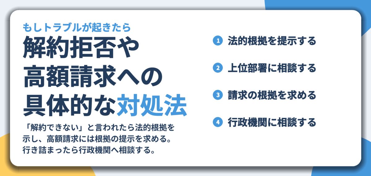 解約拒否や 高額請求への 具体的な対処法。法的根拠を提示する、上位部署に相談する、請求の根拠を求める、行政機関に相談する