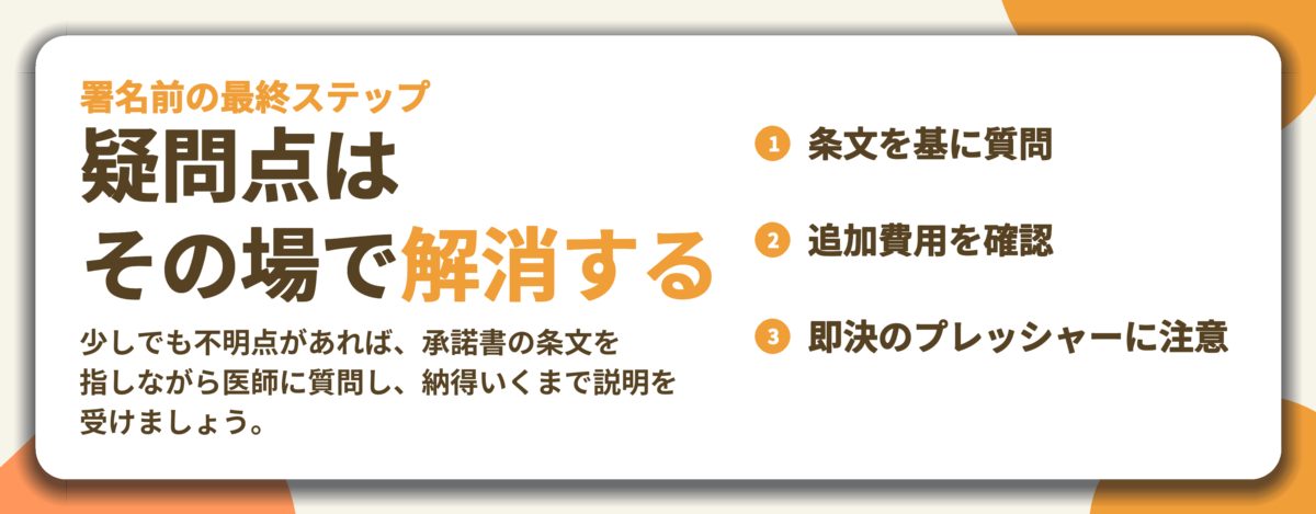 疑問点は その場で解消する。条文を基に質問、追加費用を確認、即決のプレッシャーに注意