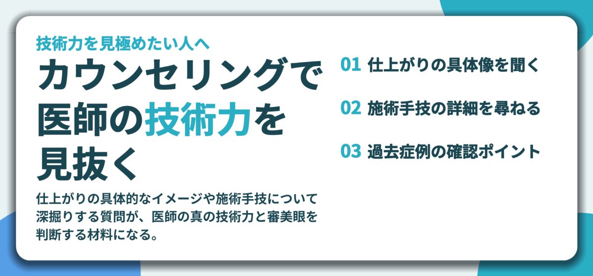 カウンセリングで 医師の技術力を 見抜く。仕上がりの具体像を聞く、施術手技の詳細を尋ねる、過去症例の確認ポイント