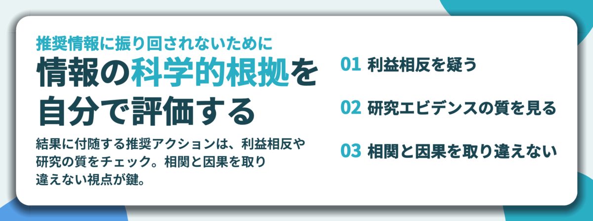 情報の科学的根拠を 自分で評価する。利益相反を疑う、研究エビデンスの質を見る、相関と因果を取り違えない
