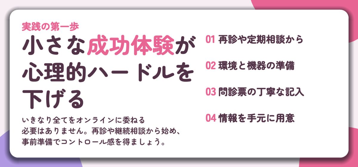 小さな成功体験が 心理的ハードルを 下げる。再診や定期相談から、環境と機器の準備、問診票の丁寧な記入、情報を手元に用意