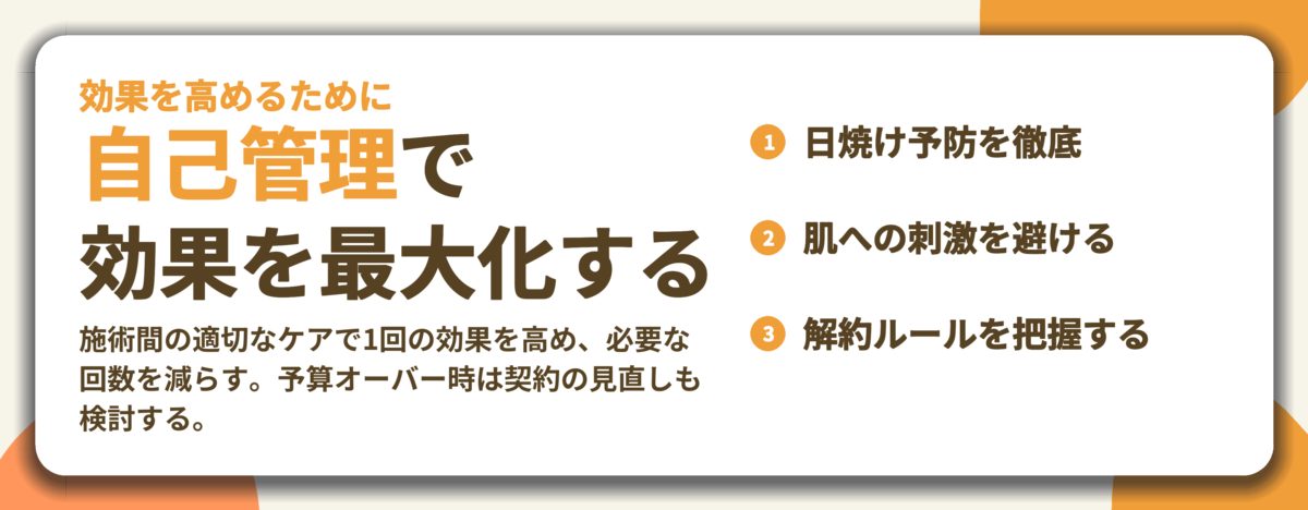 自己管理で 効果を最大化する。日焼け予防を徹底、肌への刺激を避ける、解約ルールを把握する