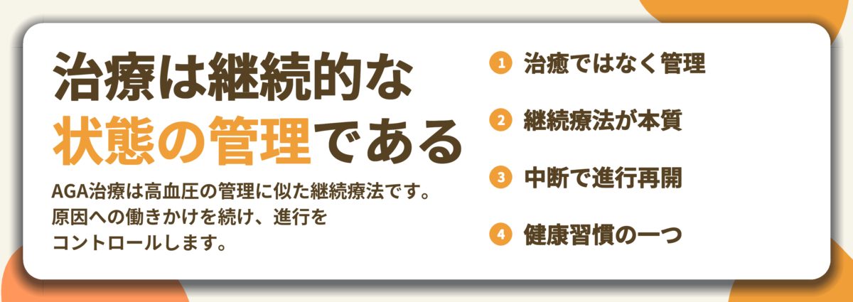 治療は継続的な 状態の管理である。治癒ではなく管理、継続療法が本質、中断で進行再開、健康習慣の一つ