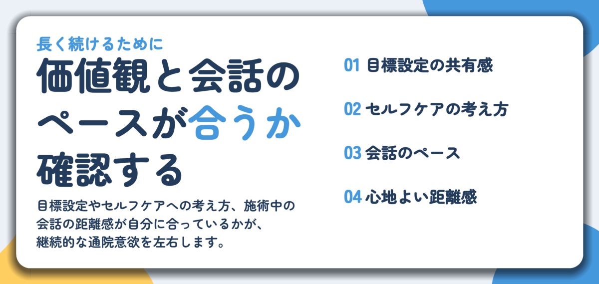 価値観と会話の ペースが合うか 確認する。目標設定の共有感、セルフケアの考え方、会話のペース、心地よい距離感