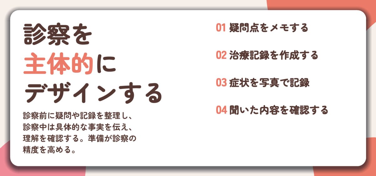 診察を 主体的に デザインする。疑問点をメモする、治療記録を作成する、症状を写真で記録、聞いた内容を確認する