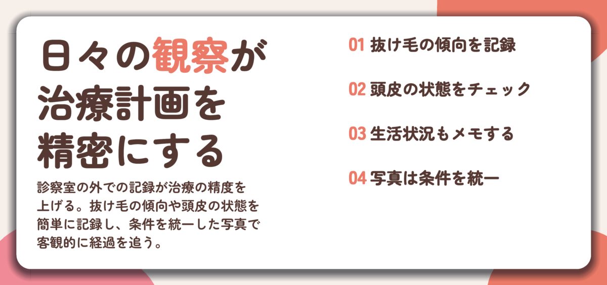 日々の観察が 治療計画を 精密にする。抜け毛の傾向を記録、頭皮の状態をチェック、生活状況もメモする、写真は条件を統一