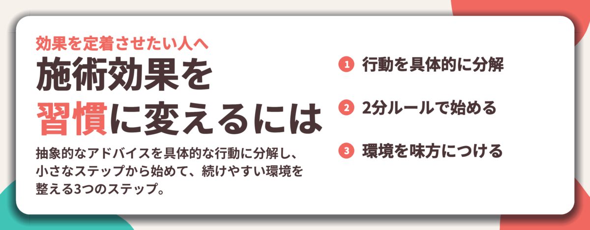施術効果を 習慣に変えるには。行動を具体的に分解、2分ルールで始める、環境を味方につける