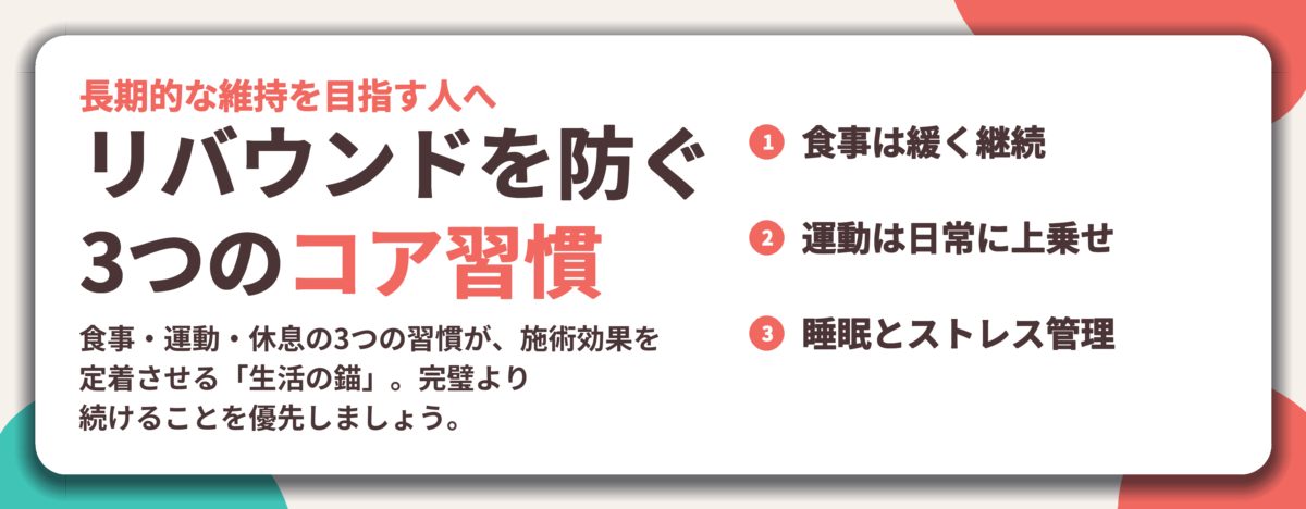 リバウンドを防ぐ 3つのコア習慣。食事は緩く継続、運動は日常に上乗せ、睡眠とストレス管理