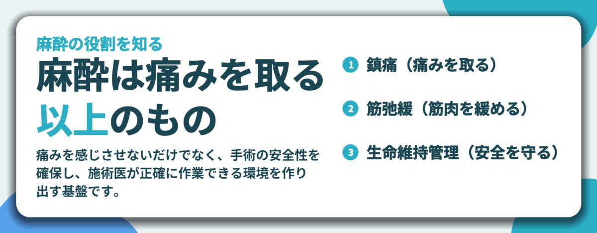 麻酔は痛みを取る 以上のもの。鎮痛(痛みを取る)、筋弛緩(筋肉を緩める)、生命維持管理(安全を守る)