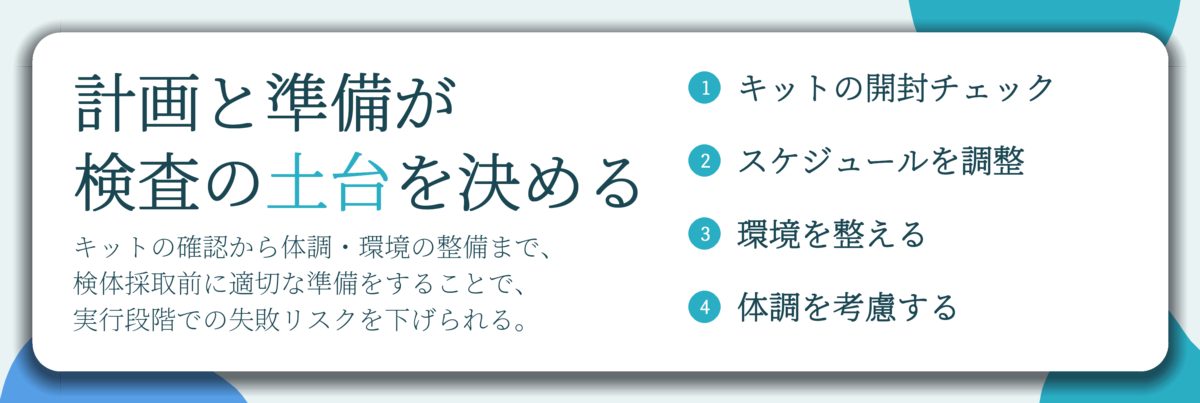 計画と準備が 検査の土台を決める。キットの開封チェック、スケジュールを調整、環境を整える、体調を考慮する