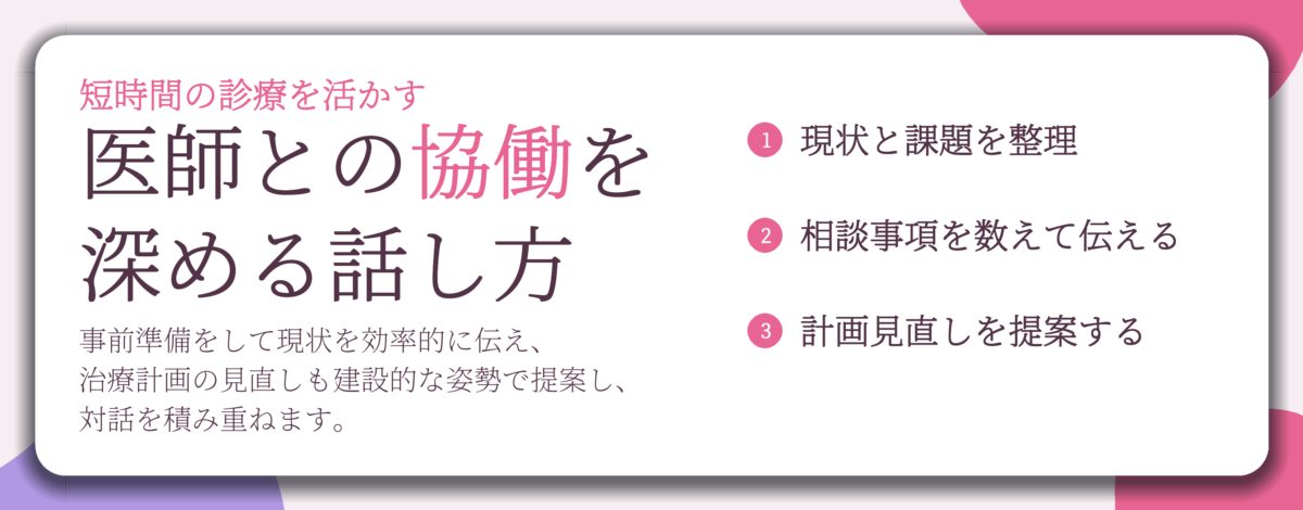 医師との協働を 深める話し方。現状と課題を整理、相談事項を数えて伝える、計画見直しを提案する