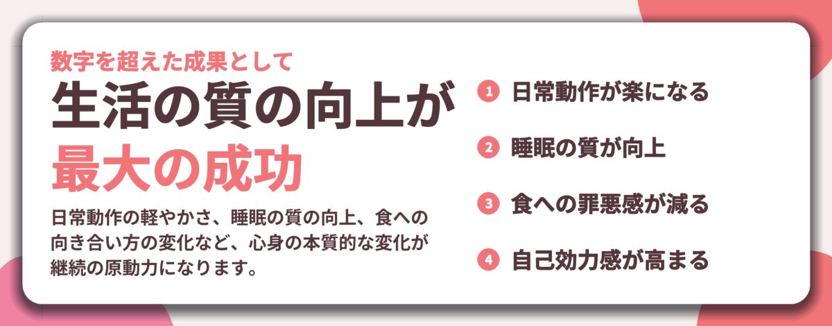 生活の質の向上が 最大の成功。日常動作が楽になる、睡眠の質が向上、食への罪悪感が減る、自己効力感が高まる