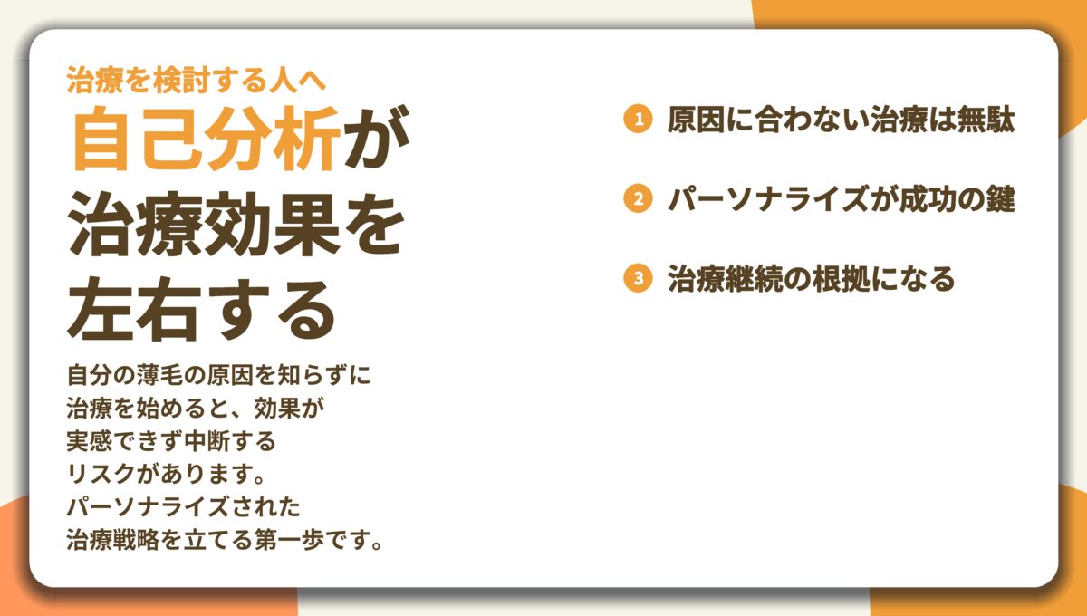 自己分析が 治療効果を 左右する。原因に合わない治療は無駄、パーソナライズが成功の鍵、治療継続の根拠になる