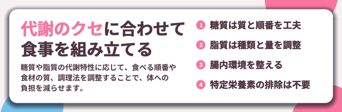代謝のクセに合わせて 食事を組み立てる。糖質は質と順番を工夫、脂質は種類と量を調整、腸内環境を整える、特定栄養素の排除は不要