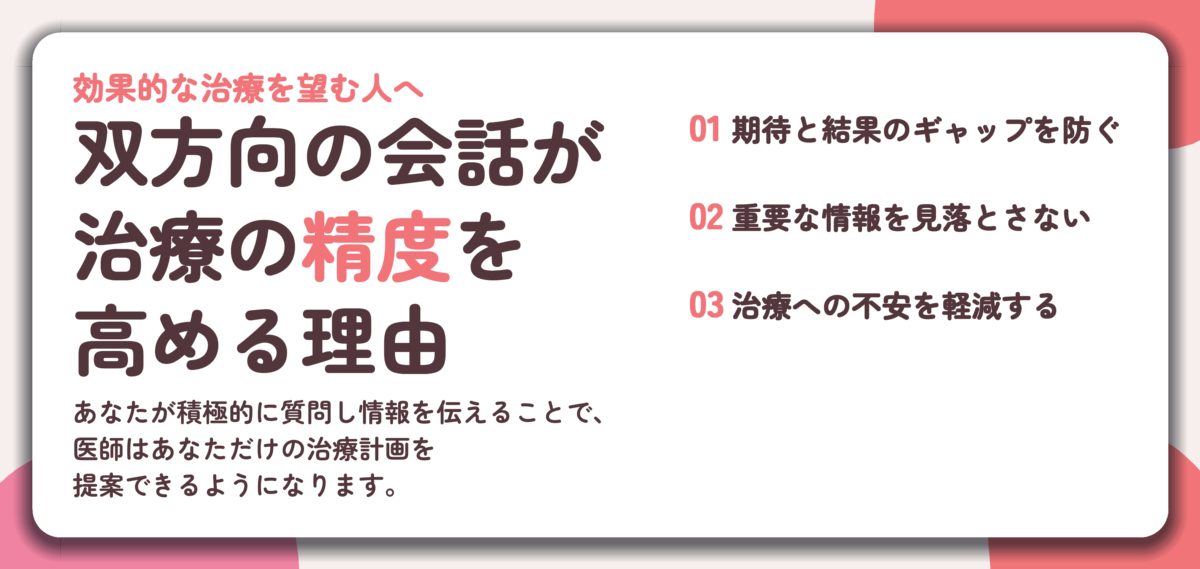 双方向の会話が 治療の精度を 高める理由。期待と結果のギャップを防ぐ、重要な情報を見落とさない、治療への不安を軽減する