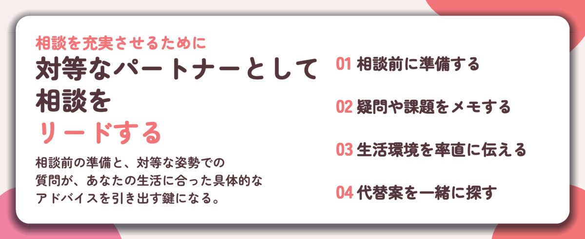 対等なパートナーとして 相談を リードする。相談前に準備する、疑問や課題をメモする、生活環境を率直に伝える、代替案を一緒に探す