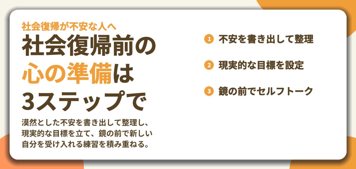 社会復帰前の 心の準備は 3ステップで。不安を書き出して整理、現実的な目標を設定、鏡の前でセルフトーク