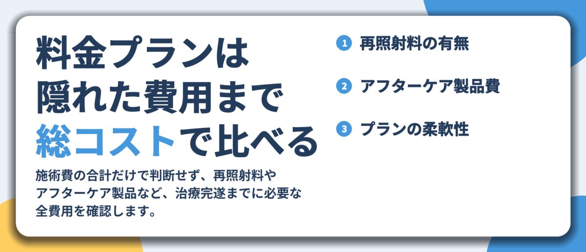 料金プランは 隠れた費用まで 総コストで比べる。再照射料の有無、アフターケア製品費、プランの柔軟性