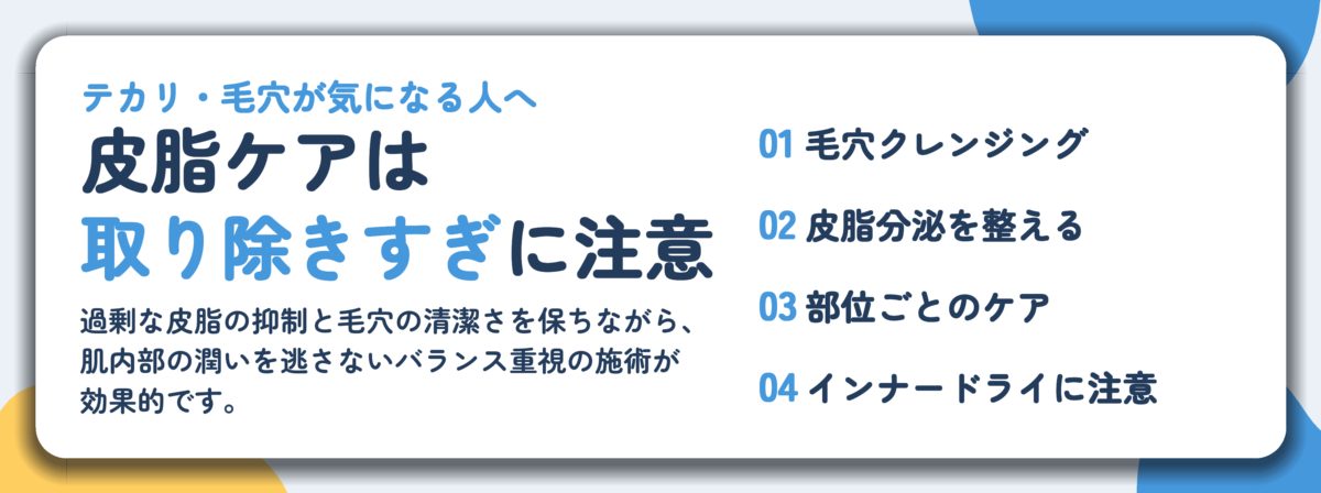 皮脂ケアは 取り除きすぎに注意。毛穴クレンジング、皮脂分泌を整える、部位ごとのケア、インナードライに注意