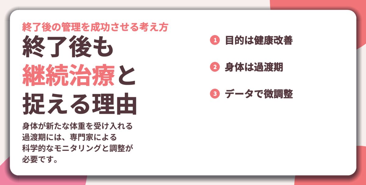 終了後も 継続治療と 捉える理由。目的は健康改善、身体は過渡期、データで微調整